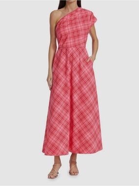 Lela Rose Women's Pink Plaid Seersucker One-Shoulder Midi-Dress
